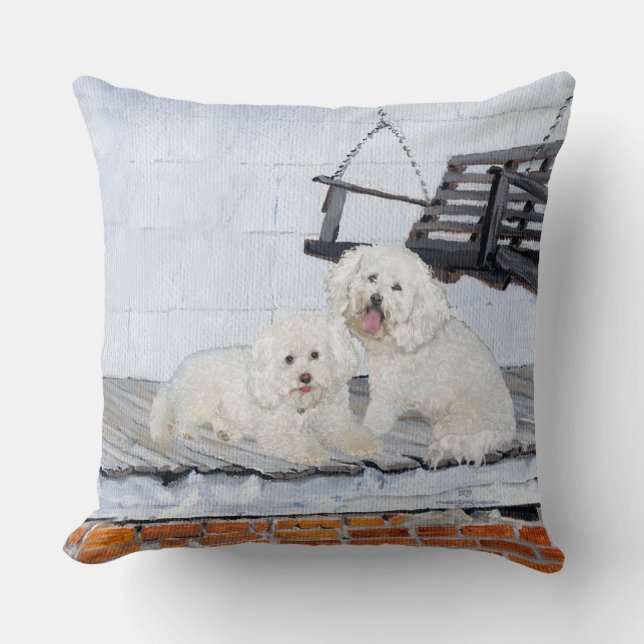 Bichon Frise On the Porch Throw Pillow (Front)