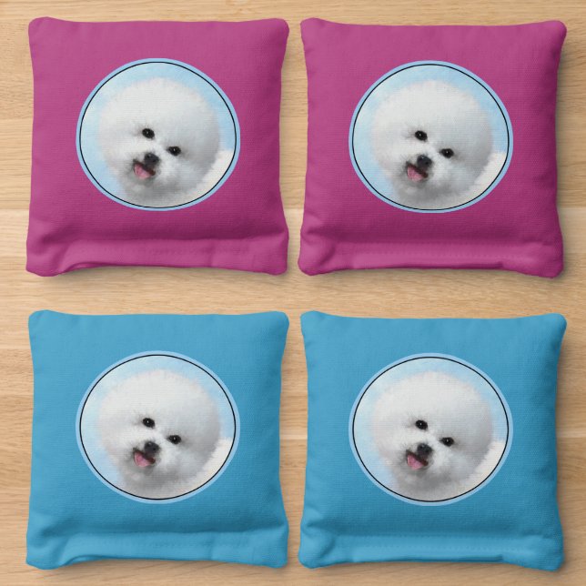 Bichon Frise Painting - Cute Original Dog Art Cornhole Bags (Wood)