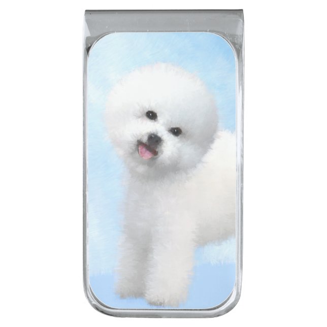 Bichon Frise Painting - Cute Original Dog Art Silver Finish Money Clip (Front Vertical)