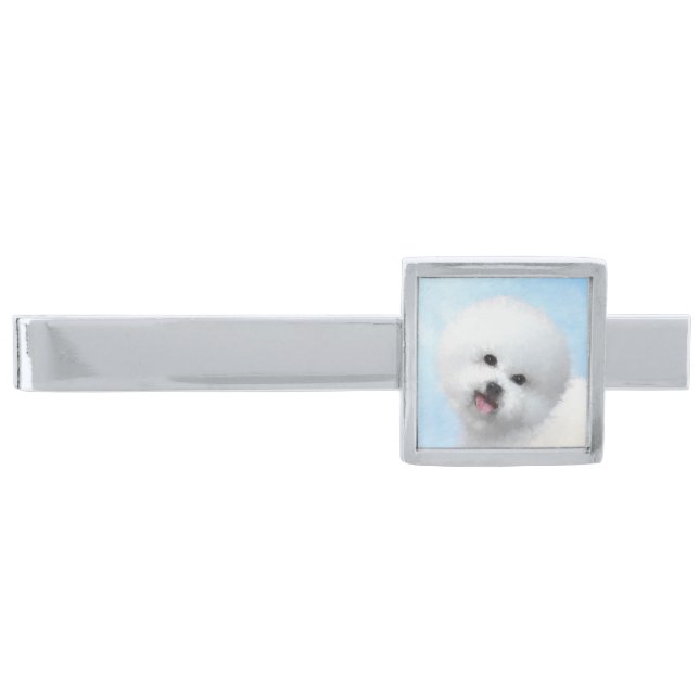 Bichon Frise Painting - Cute Original Dog Art Silver Finish Tie Bar (Front)