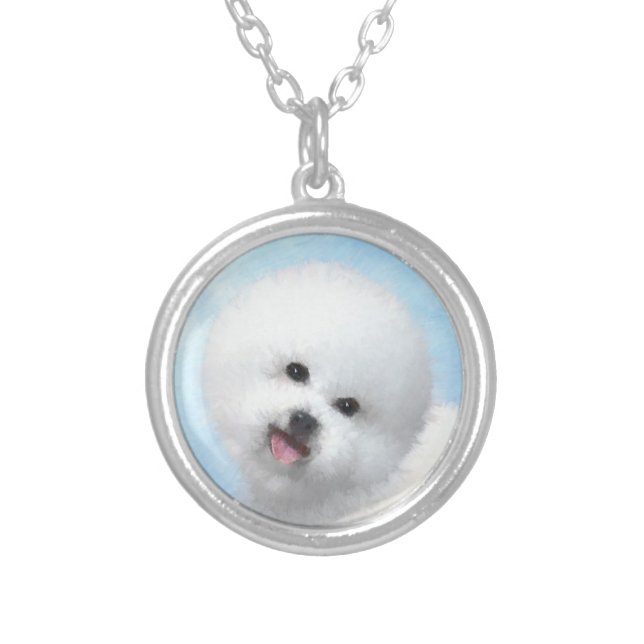 Bichon Frise Painting - Cute Original Dog Art Silver Plated Necklace (Front)