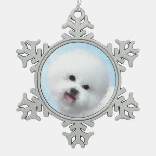 Bichon Frise Painting - Cute Original Dog Art Snowflake Pewter Christmas Ornament