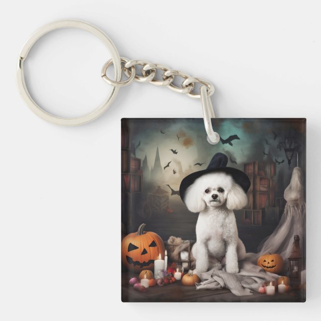 Bichon Frise Pumpkins Halloween Scary Keychain (Front)