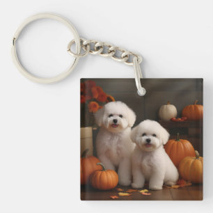 Bichon Frise Puppy Autumn Delight Pumpkin Keychain