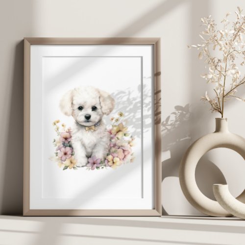 Bichon Frise Puppy Pet Watercolor Flower Poster