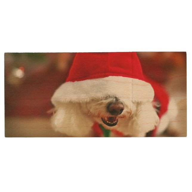 Bichon Frise puppy wearing Santa costume Wood Flash Drive (Front)
