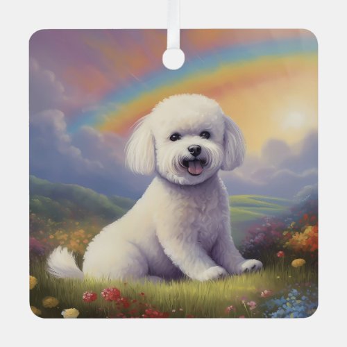 Bichon Frise Rainbow Dog Memorial Custom Name Metal Ornament