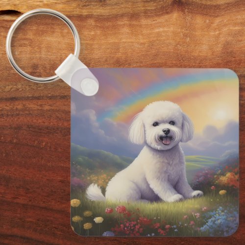 Bichon Frise Rainbow Memorial Custom Dog Name Keychain