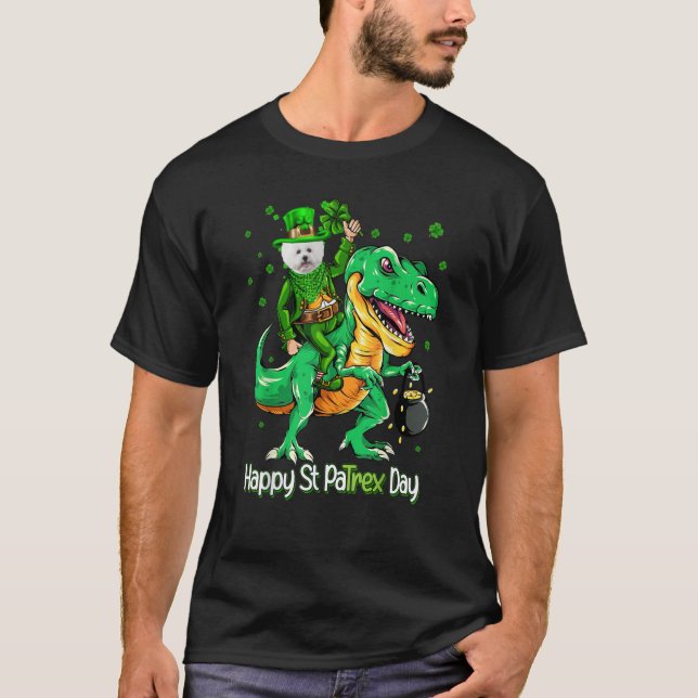 Bichon Frise Riding Dinosaur Patricks Day Shamrock T-Shirt (Front)