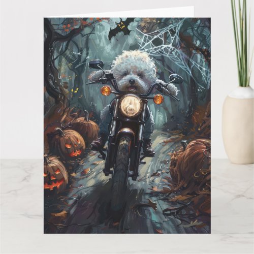 Bichon Frise Riding Motorcycle Halloween Scary Card