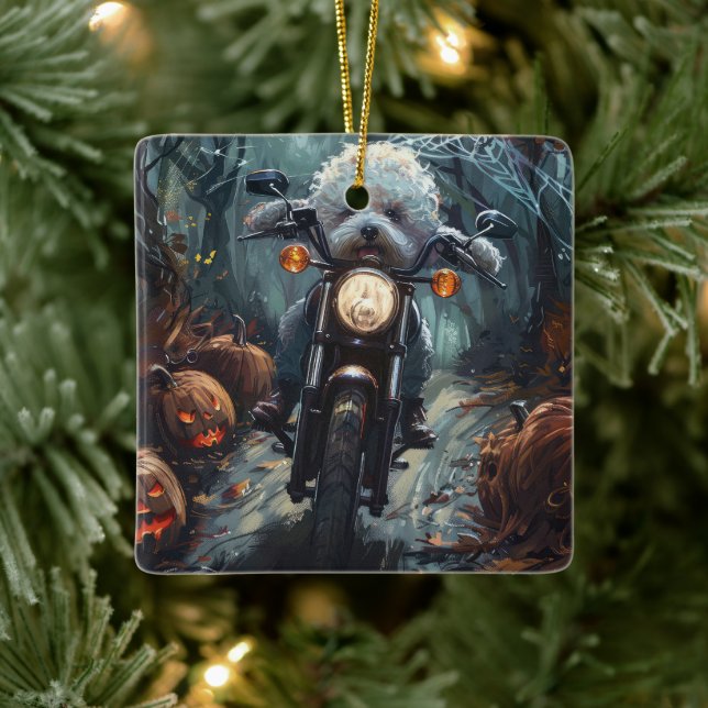 Bichon Frise Riding Motorcycle Halloween Scary Ceramic Ornament (Tree)