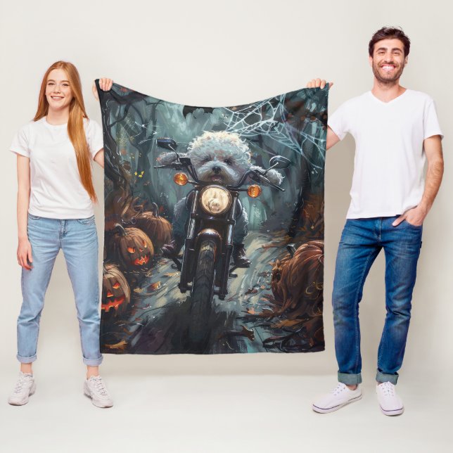 Bichon Frise Riding Motorcycle Halloween Scary Fleece Blanket (In Situ)