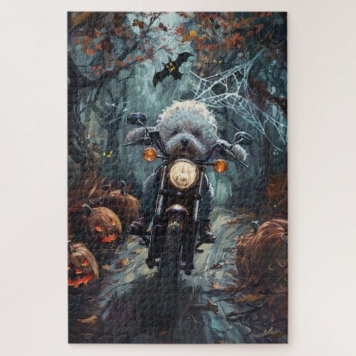 Bichon Frise Riding Motorcycle Halloween Scary Jigsaw Puzzle