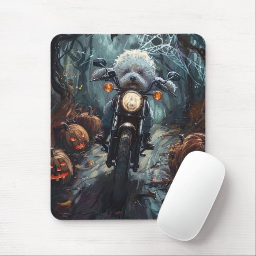 Bichon Frise Riding Motorcycle Halloween Scary Mouse Pad