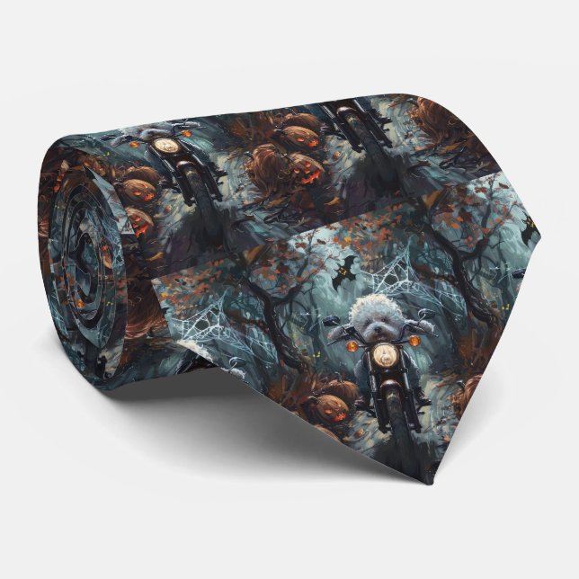 Bichon Frise Riding Motorcycle Halloween Scary Neck Tie (Rolled)
