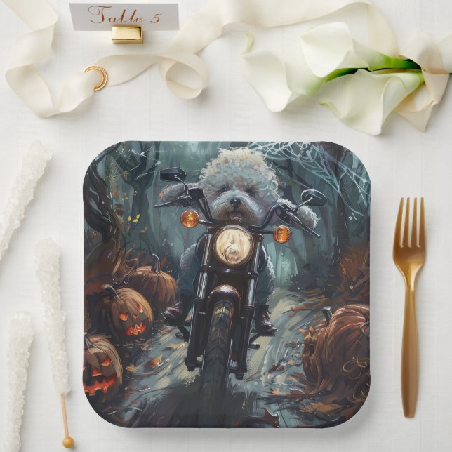 Bichon Frise Riding Motorcycle Halloween Scary Paper Plates (Wedding)