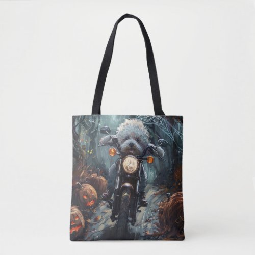 Bichon Frise Riding Motorcycle Halloween Scary Tote Bag