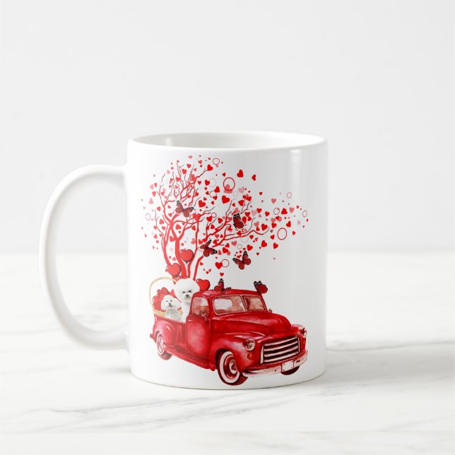 bichon frise riding red truck valentine butterfly  coffee mug (Left)