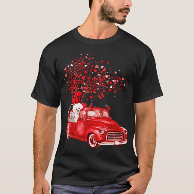 Bichon Frise Riding Red Truck Valentine funny anim T-Shirt (Front)