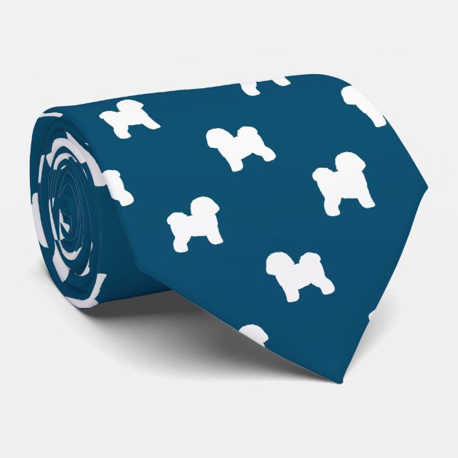 Bichon Frise Silhouettes Pattern Blue and White Neck Tie (Rolled)