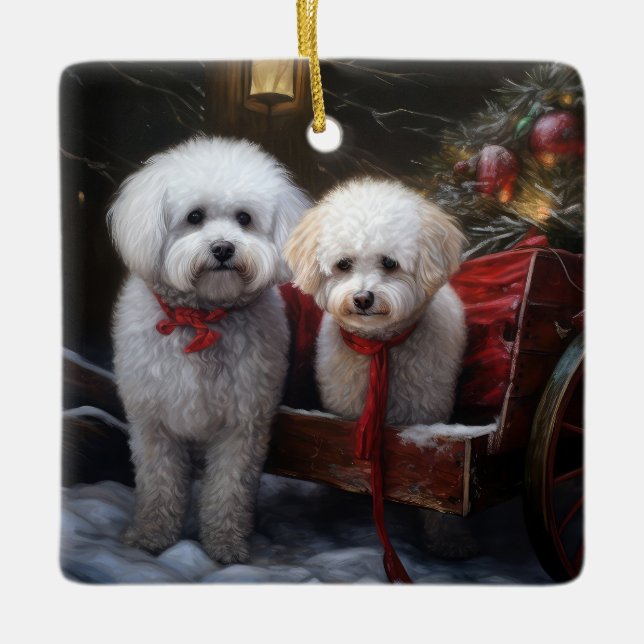 Bichon Frise Snowy Sleigh Christmas Decor Ceramic Ornament (Front)