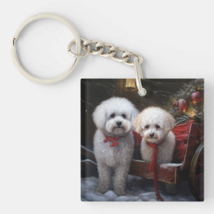 Bichon Frise Snowy Sleigh Christmas Decor Keychain