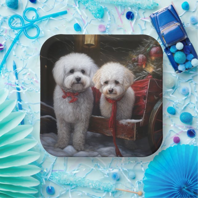 Bichon Frise Snowy Sleigh Christmas Decor Paper Plates (Party)