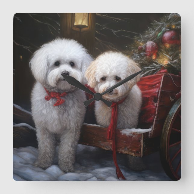 Bichon Frise Snowy Sleigh Christmas Decor Square Wall Clock (Front)
