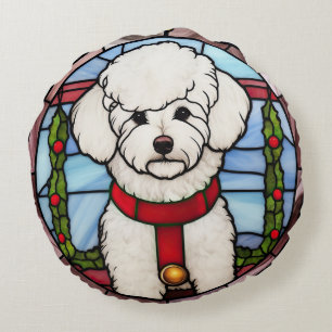 Bichon Frise Stained Glass Christmas Round Pillow