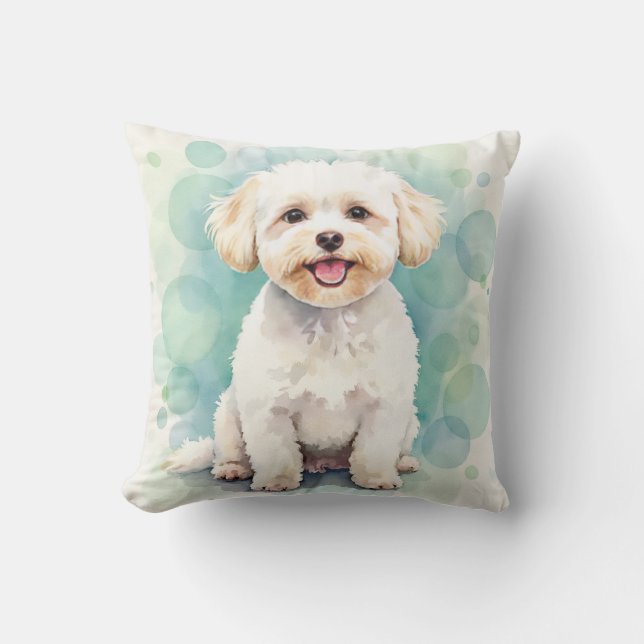 Bichon Frise Watercolor Bubble Pattern Art Throw Pillow (Front)