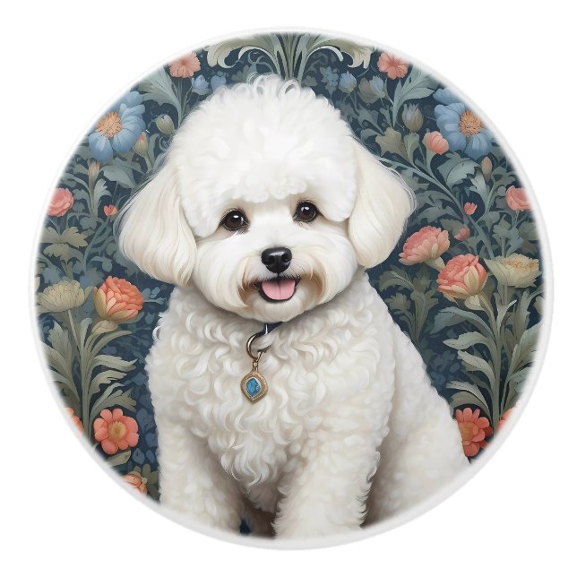 Bichon Frisé William Morris Inspired Floral Ceramic Knob (Front)