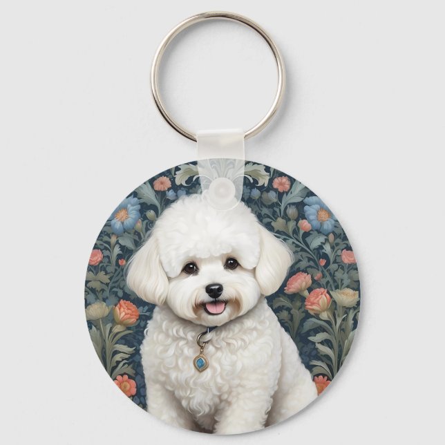 Bichon Frisé William Morris Inspired Floral Keychain (Front)