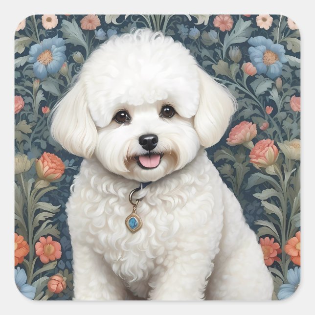 Bichon Frisé William Morris Inspired Floral Square Sticker (Front)