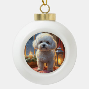 Bichon Frise With Christmas Lights Holiday Ceramic Ball Christmas Ornament