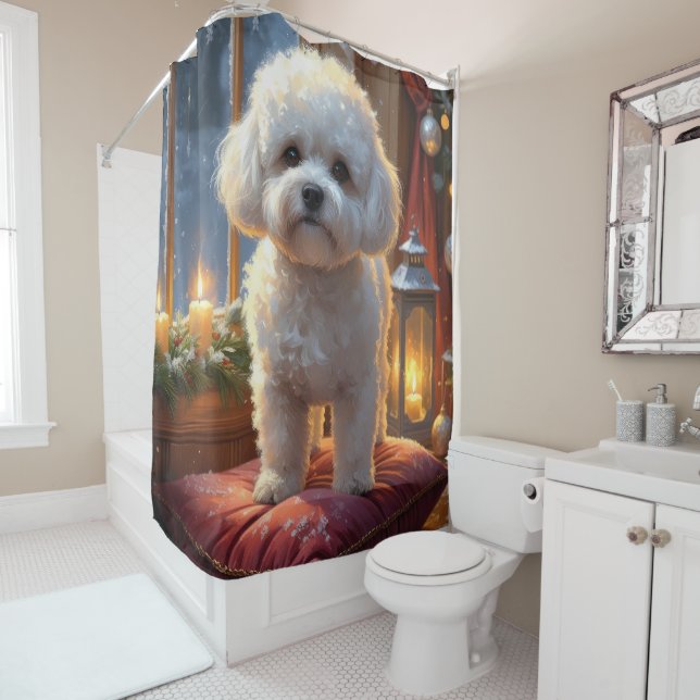 Bichon Frise With Christmas Lights Holiday Shower Curtain (In Situ)