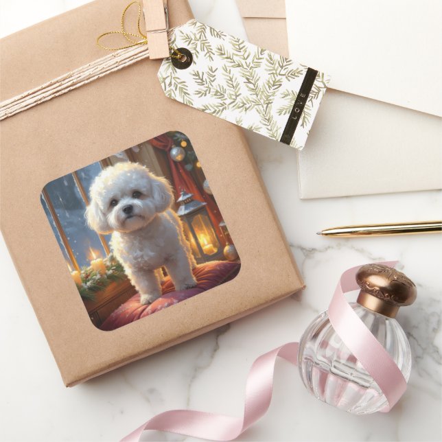 Bichon Frise With Christmas Lights Holiday Square Sticker (Gifting)