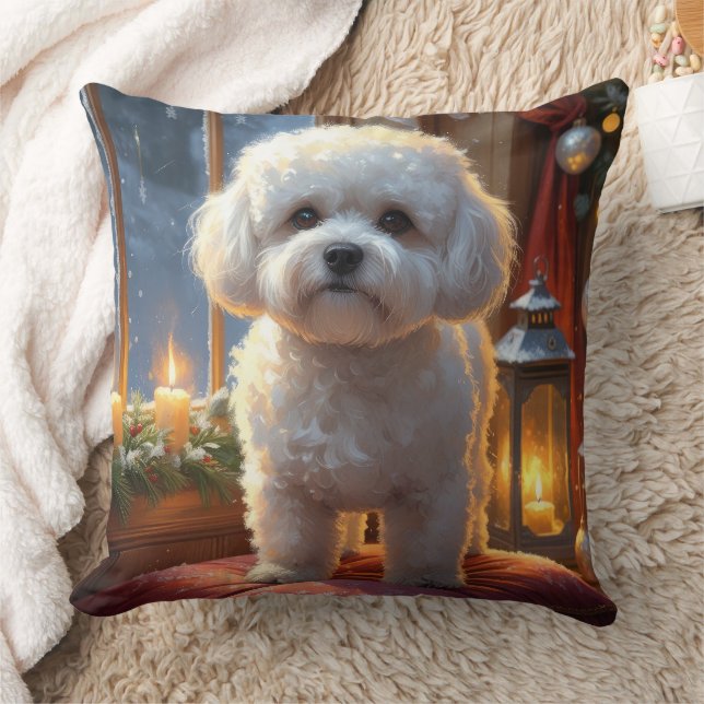 Bichon Frise With Christmas Lights Holiday Throw Pillow (Blanket)