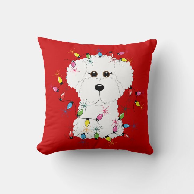 Bichon Frise with Christmas Lights Throw Pillow (Front)