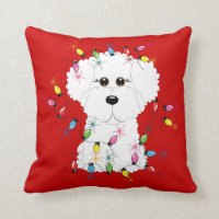 Bichon Frise with Christmas Lights Throw Pillow