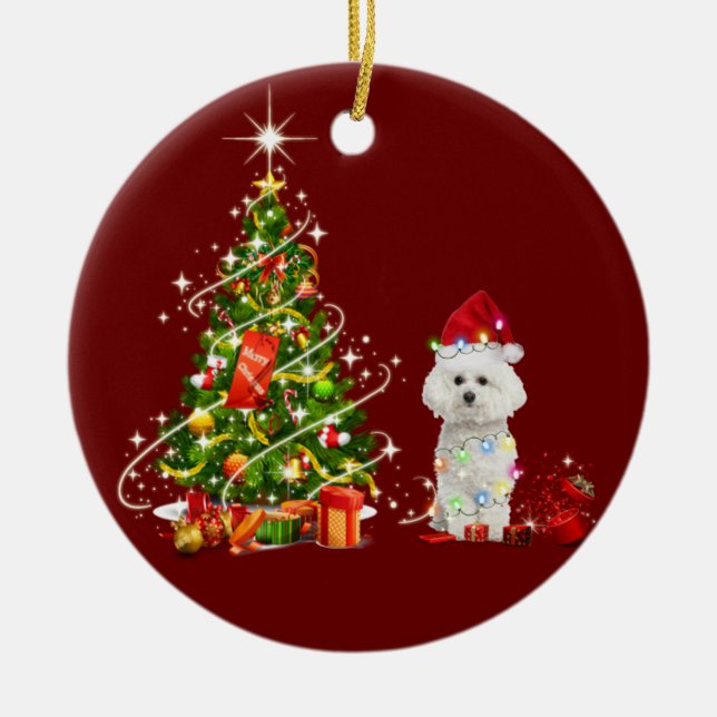 Bichon frise With Hat Scaft Christmas Ceramic Ornament (Front)