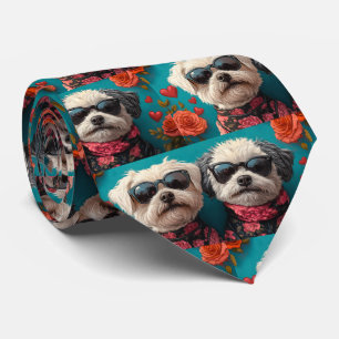 Bichon Frise With Heart Roses Valentine's Day Neck Tie
