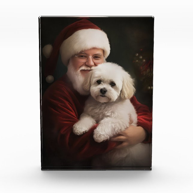 Bichon Frise with Santa Claus Festive Christmas  Acrylic Award (Front)