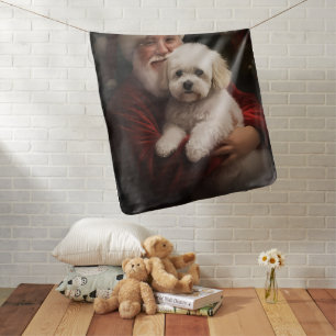 Bichon Frise with Santa Claus Festive Christmas Baby Blanket