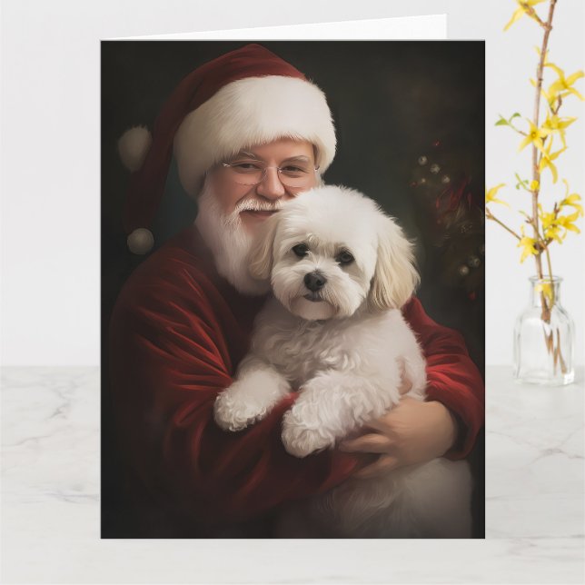 Bichon Frise with Santa Claus Festive Christmas  Card (Yellow Flower)