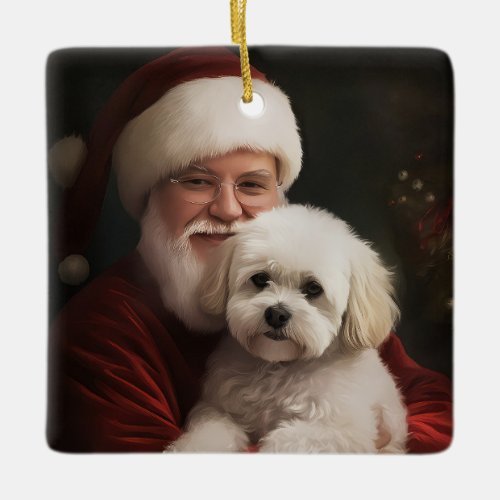 Bichon Frise with Santa Claus Festive Christmas  Ceramic Ornament