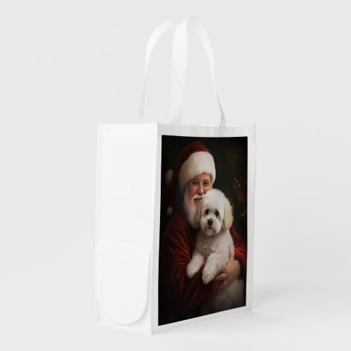 Bichon Frise with Santa Claus Festive Christmas  Grocery Bag