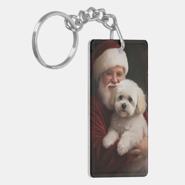 Bichon Frise with Santa Claus Festive Christmas  Keychain (Front Left)