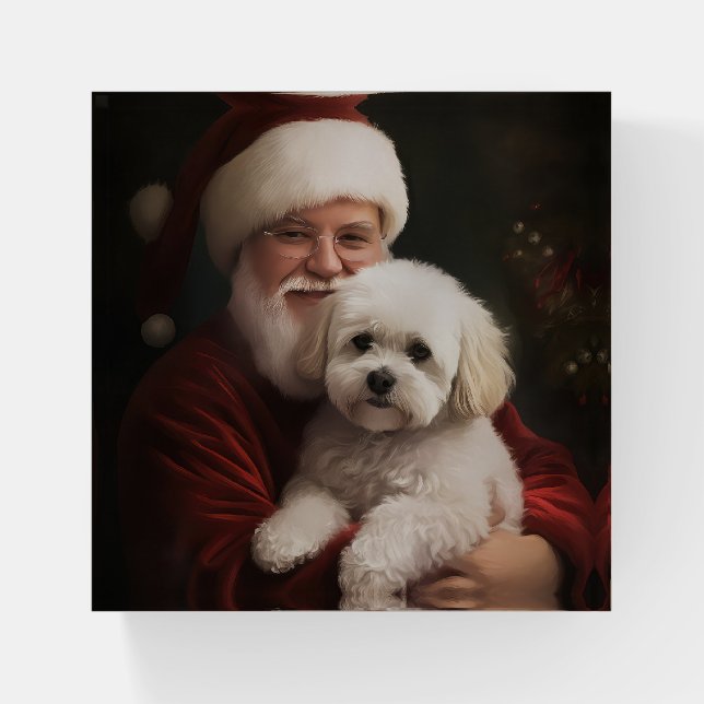Bichon Frise with Santa Claus Festive Christmas  Paperweight (Front)