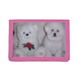 Bichon frise with white teddy bear. tri-fold wallet
