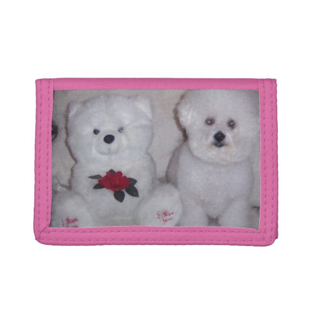 Bichon frise with white teddy bear. tri-fold wallet (Front)